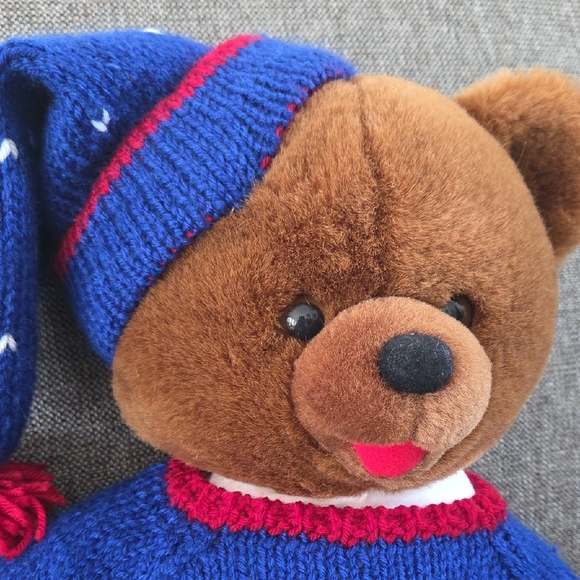 Vintage Charming Brown Teddy Bear with Blue Knit Outfit - Picture 4 of 6